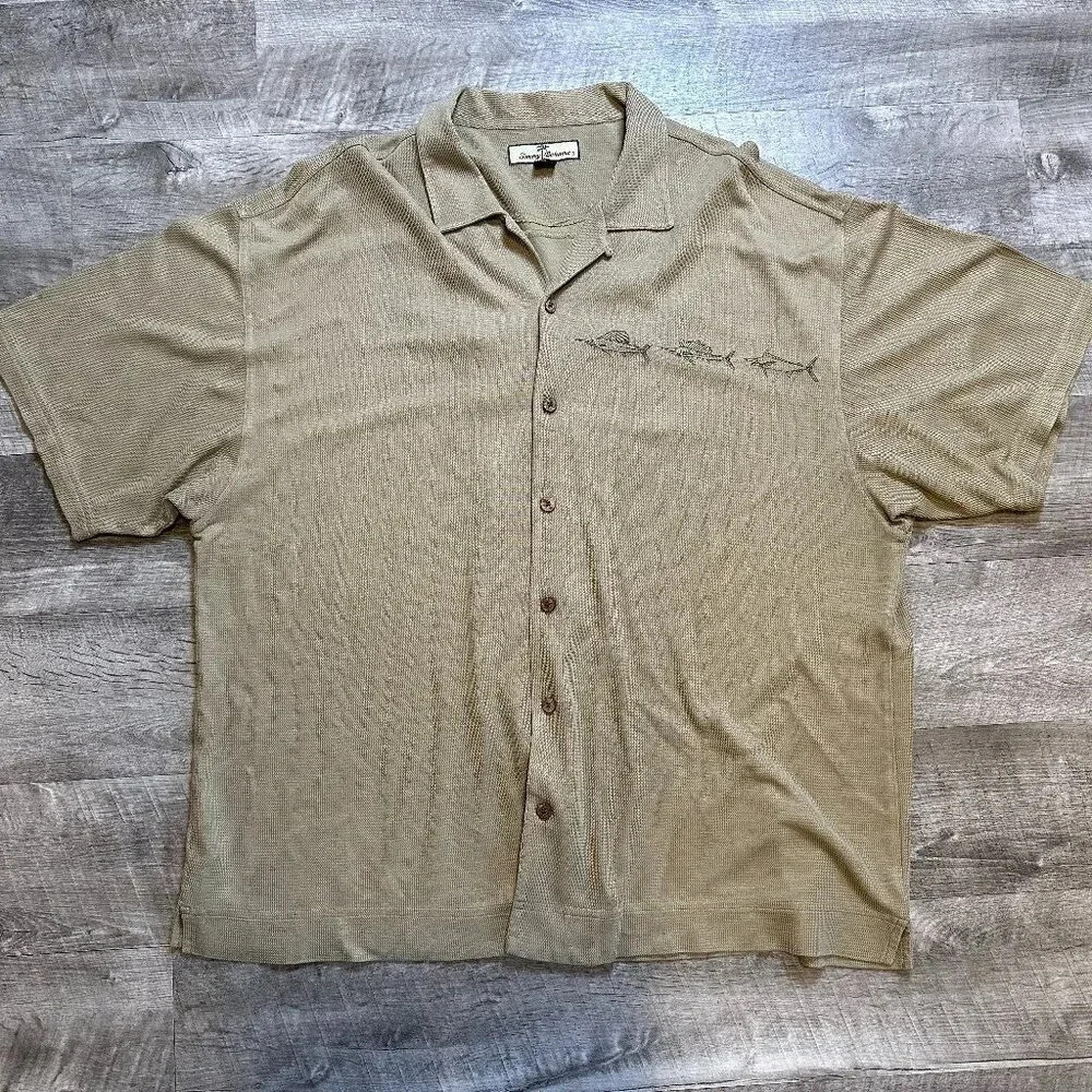Tommy Bahama Short Sleeved Grey Green Silk & Cotton Blend Marlin Shirt in XL